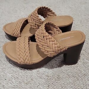 REPORT tan heeled sandals. Soft braided straps.  Chunky heel.  Size 6.